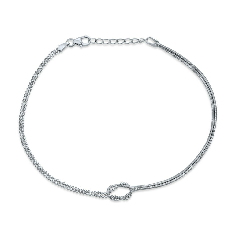 925 Sterling Silver Rhodium Plated Snake Chain Anklet With 3mm Bead Stations 10 Inch 